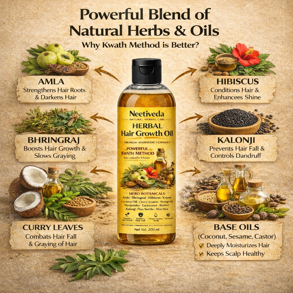 NeetiVeda Kwath Method Ayurvedic Hair Growth Oil | Bhringraj, Rosemary, Amla & Brahmi | Anti Hair Fall & Natural Hair Regrowth Oil | Non-Sticky | Paraben & Sulphate Free | For Men & Women